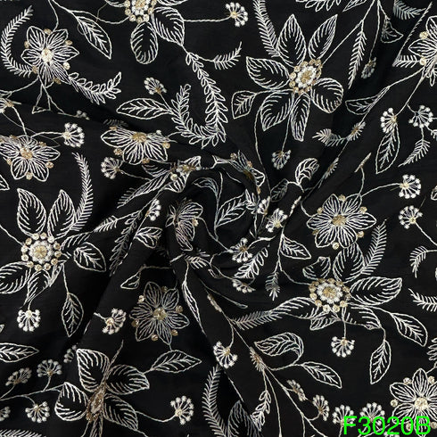 Thread Zari Sequins Embroidered Raw Silk Fabric-F3020